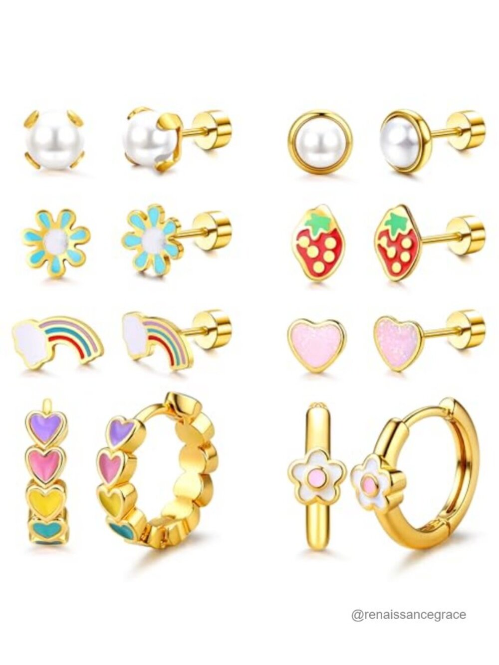 8 Pair Hypoallergenic Earrings Set 18K Gold Plated 316L Surgical Steel Studs